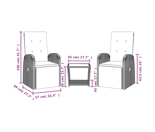 Set comedor de jardín 3 piezas con cojines ratán sintético gris