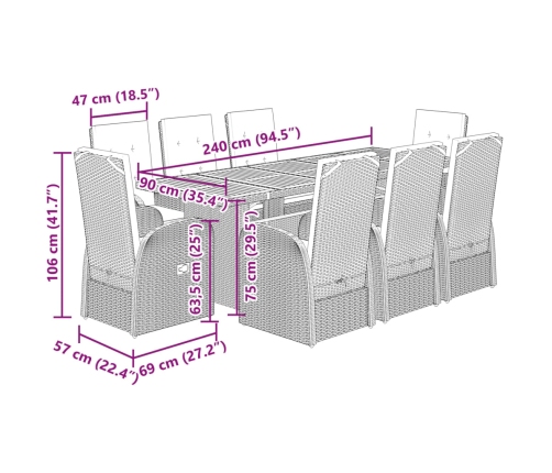 Set comedor jardín 9 pzas y cojines ratán sintético gris