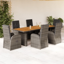 Set comedor jardín 7 pzas y cojines ratán sintético gris
