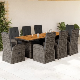 Set comedor jardín 9 pzas y cojines ratán sintético gris