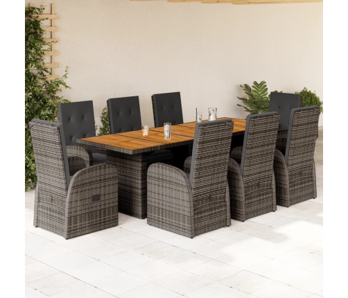Set comedor jardín 9 pzas y cojines ratán sintético gris