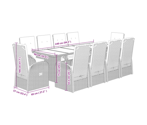 Set de comedor de jardín 11 pzas y cojines ratán sintético gris