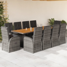 Set de comedor de jardín 11 pzas y cojines ratán sintético gris