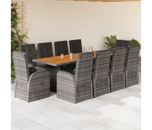 Set de comedor de jardín 11 pzas y cojines ratán sintético gris