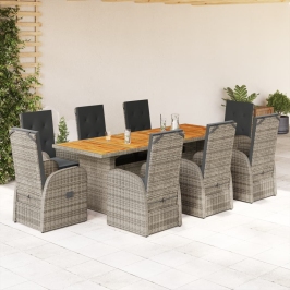 Set comedor jardín 9 pzas y cojines ratán sintético gris