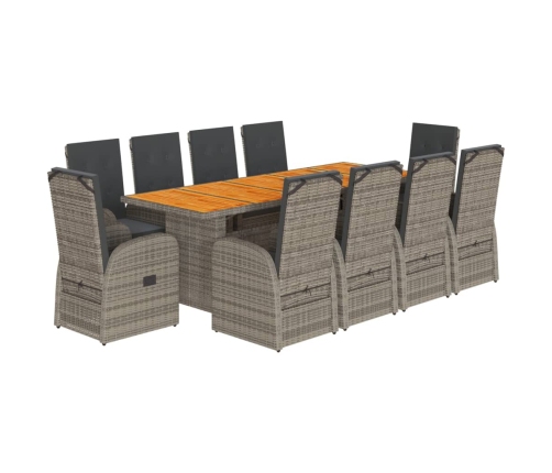 Set de comedor de jardín 11 pzas y cojines ratán sintético gris