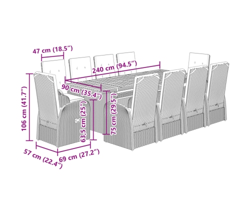 Set de comedor de jardín 11 pzas y cojines ratán sintético gris