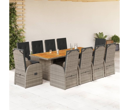 Set de comedor de jardín 11 pzas y cojines ratán sintético gris