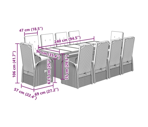 Set de comedor de jardín 11 pzas y cojines ratán sintético gris