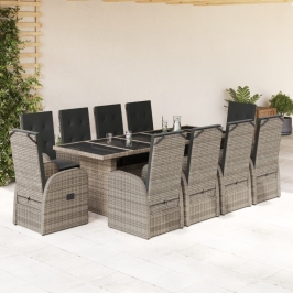 Set de comedor de jardín 11 pzas y cojines ratán sintético gris