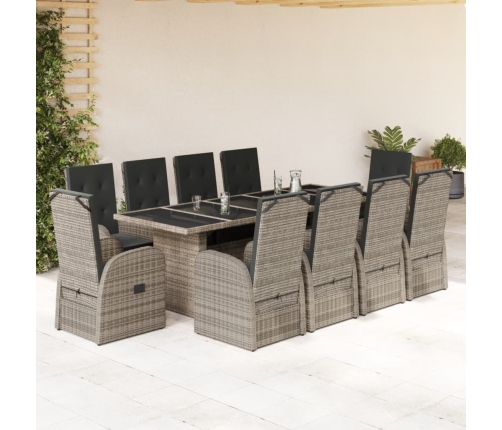Set de comedor de jardín 11 pzas y cojines ratán sintético gris