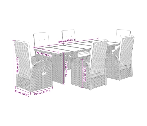 Set comedor jardín 7 pzas y cojines ratán sintético gris