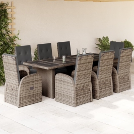 Set comedor jardín 9 pzas y cojines ratán sintético gris