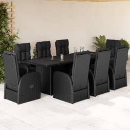 Set de comedor de jardín 9 pzas y cojines ratán sintético negro