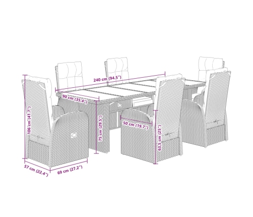 Set de comedor de jardín 7 pzas y cojines ratán sintético negro
