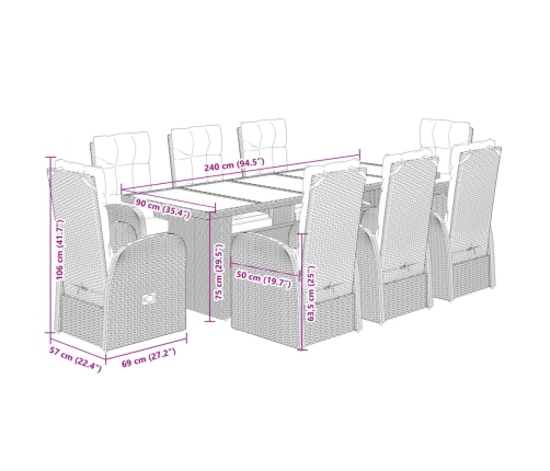 Set de comedor de jardín 9 pzas y cojines ratán sintético negro