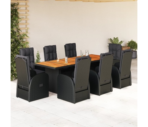 Set de comedor de jardín 9 pzas y cojines ratán sintético negro