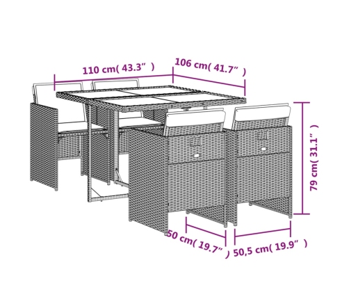 Set comedor de jardín 5 piezas con cojines ratán sintético gris