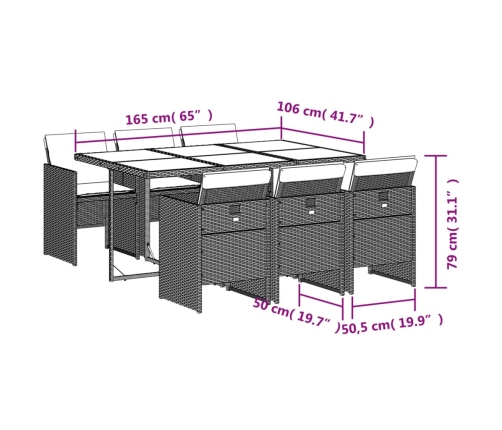 Set de comedor de jardín 7 pzas y cojines ratán sintético negro