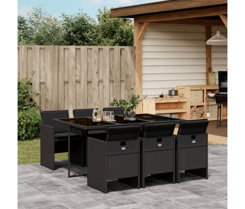 Set de comedor de jardín 7 pzas y cojines ratán sintético negro