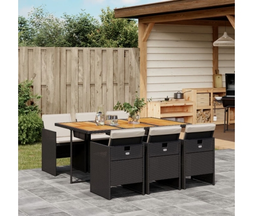 Set de comedor de jardín 7 pzas y cojines ratán sintético negro