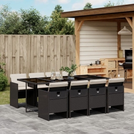 Set de comedor de jardín 9 pzas y cojines ratán sintético negro