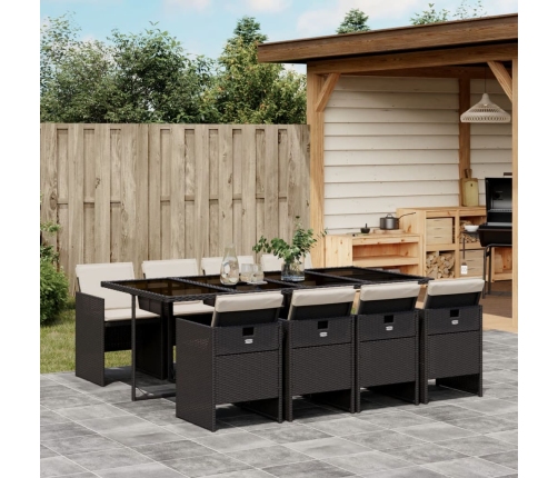 Set de comedor de jardín 9 pzas y cojines ratán sintético negro