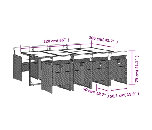 Set comedor para jardín 9 pzas y cojines ratán sintético marrón