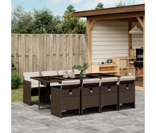 Set comedor para jardín 9 pzas y cojines ratán sintético marrón
