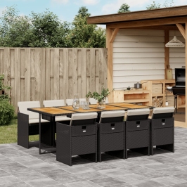 Set de comedor de jardín 9 pzas y cojines ratán sintético negro