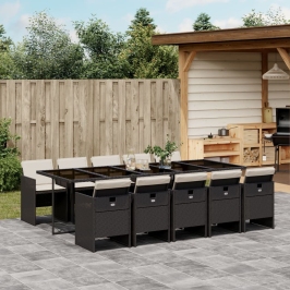 Set de comedor jardín 11 pzas con cojines ratán sintético negro