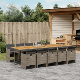 Set de comedor de jardín 11 pzas y cojines ratán sintético gris