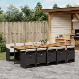 Set de comedor jardín 11 pzas con cojines ratán sintético negro