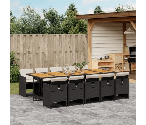 Set de comedor jardín 11 pzas con cojines ratán sintético negro