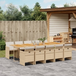 Set comedor de jardín 11 pzas con cojines ratán sintético beige