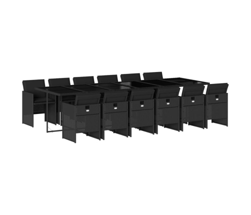 Set comedor de jardín con cojines 13 pzas ratán sintético negro