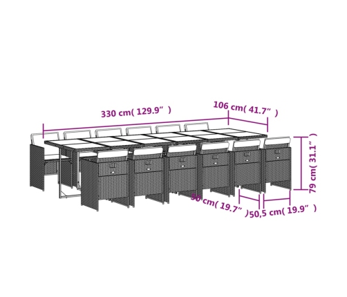 Set comedor de jardín con cojines 13 pzas ratán sintético negro