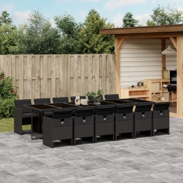 Set comedor de jardín con cojines 13 pzas ratán sintético negro