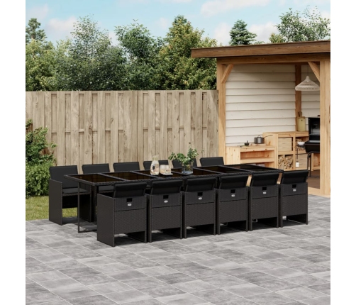 Set comedor de jardín con cojines 13 pzas ratán sintético negro