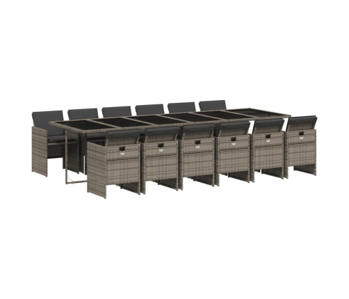 Set comedor de jardín con cojines 13 pzas ratán sintético gris