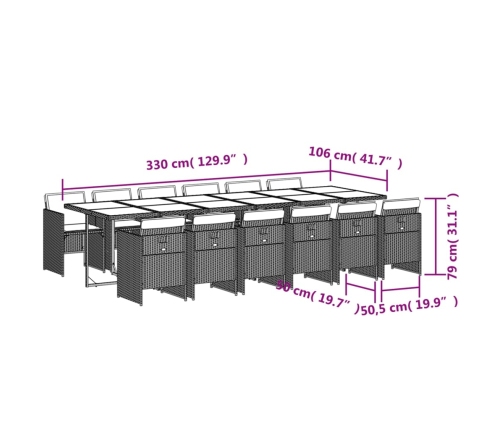 Set muebles de jardín 13 pzas y cojines ratán sintético marrón