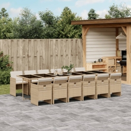 Set comedor de jardín con cojines 13 pzas ratán sintético beige