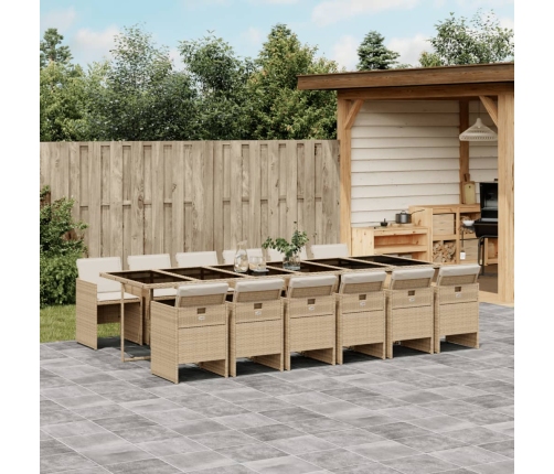 Set comedor de jardín con cojines 13 pzas ratán sintético beige