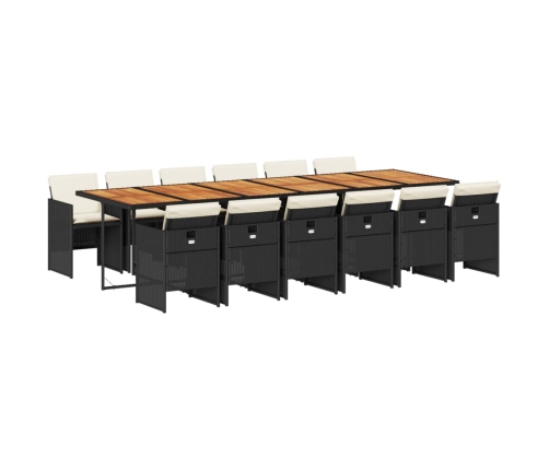 Set comedor de jardín con cojines 13 pzas ratán sintético negro