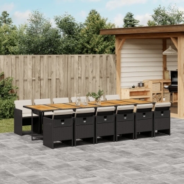 Set comedor de jardín con cojines 13 pzas ratán sintético negro