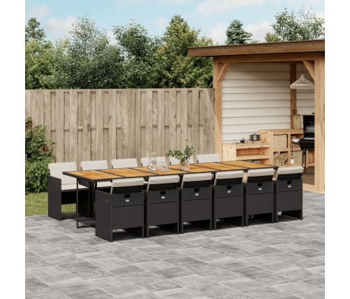 Set comedor de jardín con cojines 13 pzas ratán sintético negro