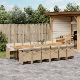 Set comedor de jardín con cojines 13 pzas ratán sintético beige
