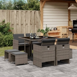 Set comedor jardín 9 pzas y cojines ratán sintético gris