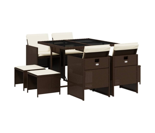Set comedor para jardín 9 pzas y cojines ratán sintético marrón
