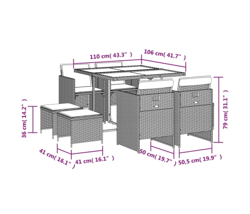 Set comedor de jardín 9 pzas con cojines ratán sintético beige
